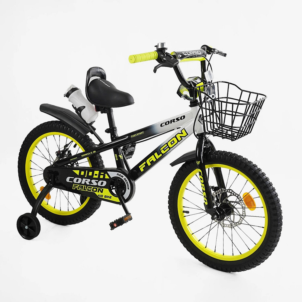 Велосипед Corso Falcon двоколісний 18 дюймів з додатковими колесами кошик дзвіночок Жовтий (FL-18107) Чернигов - изображение 1