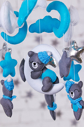 Детский мобиль на кроватку для младенцев WooolyWool «Мишка на луне для мальчика» Киев - изображение 2