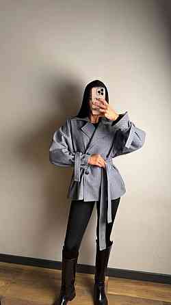 Женское трендовое пальто с двубортной застежкой на пуговицы и поясом Синий Одесса