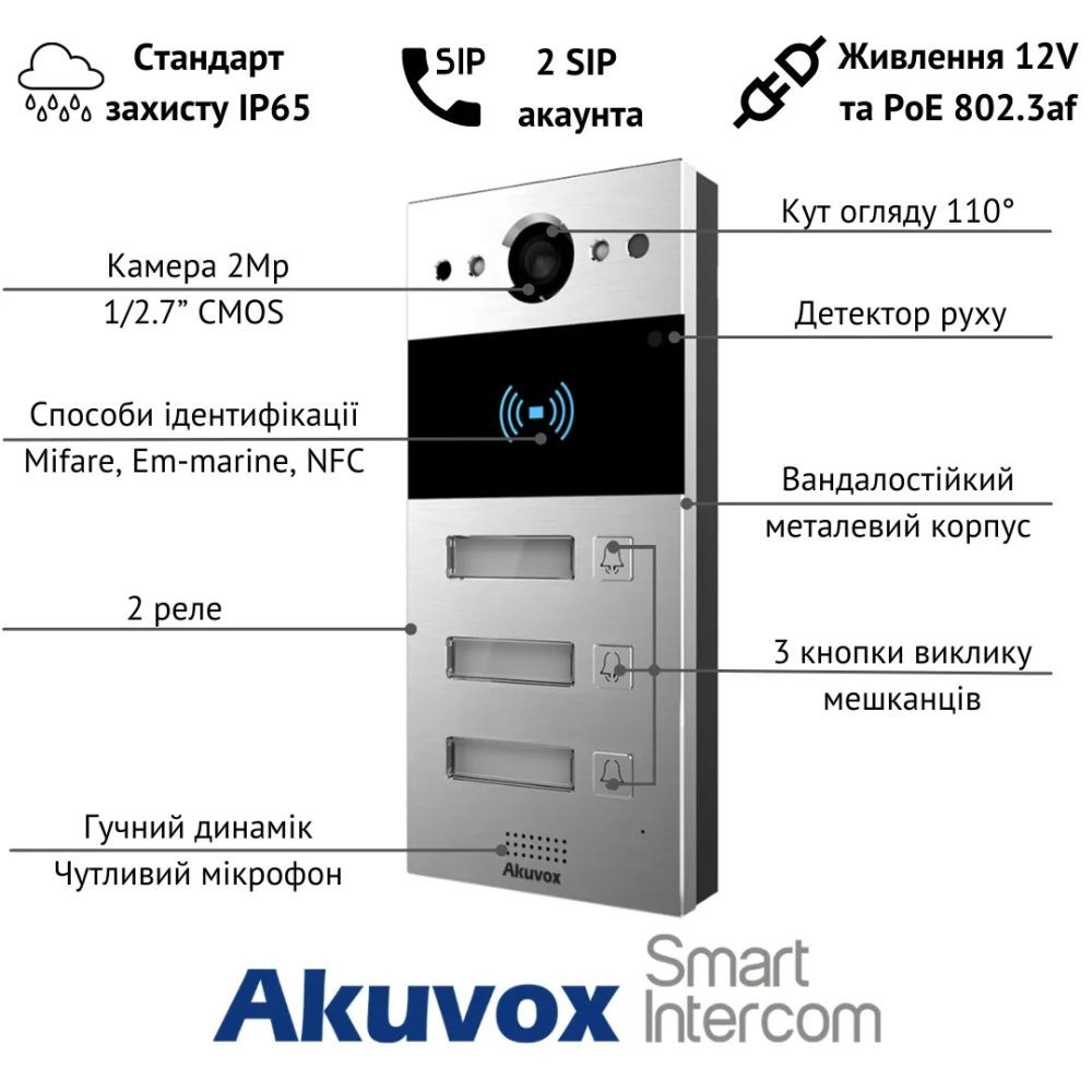 IP-панель виклику 2 Мп Akuvox R20B X3 OW на 3 абоненти Київ - фото 3