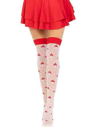Панчохи Leg Avenue Polka Dot Mushroom Thigh Highs, One Size, біло-червоні, на резинці, малюнок — гриби Sex Aura Київ