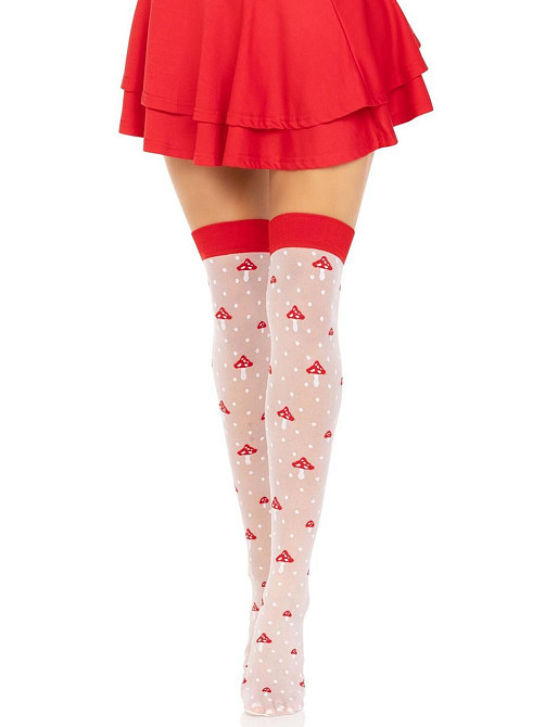 Панчохи Leg Avenue Polka Dot Mushroom Thigh Highs, One Size, біло-червоні, на резинці, малюнок — гриби Sex Aura Київ - фото 5