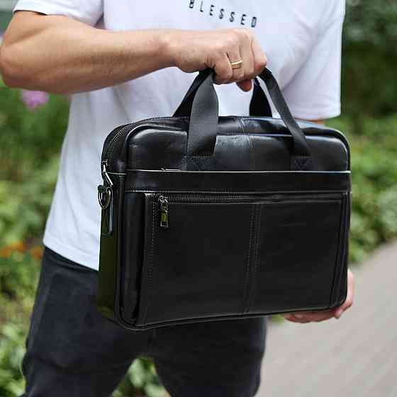 Чорна шкіряна чоловіча сумка для роботи та повсякденності Київ