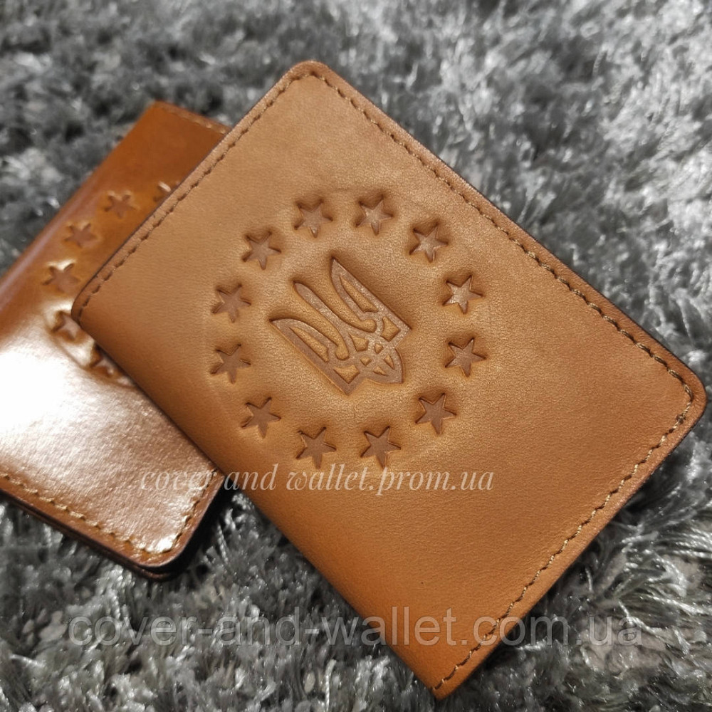 Желтая кожаная обложка на id паспорт и права с гербом Украины Киев - изображение 2