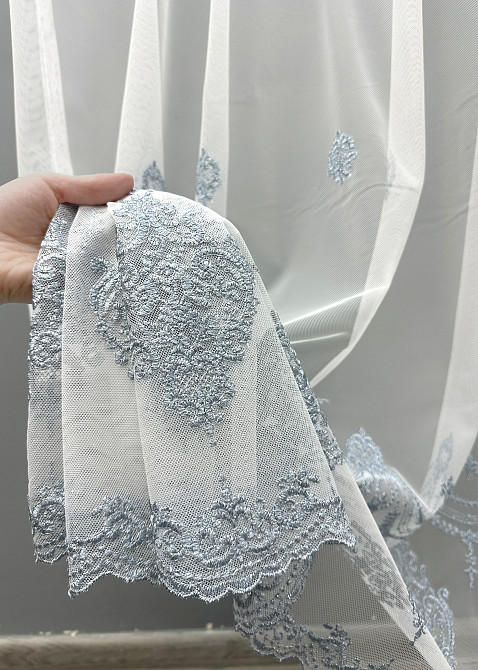 Тюль VR-Textil 1657т Грек-сетка с вышивкой и люрексом Молочный с серо-голубым 300х270 см (42-0661) Киев - изображение 4