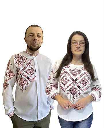 Жіноча натуральна біла вишиванка Заграва червона Київ