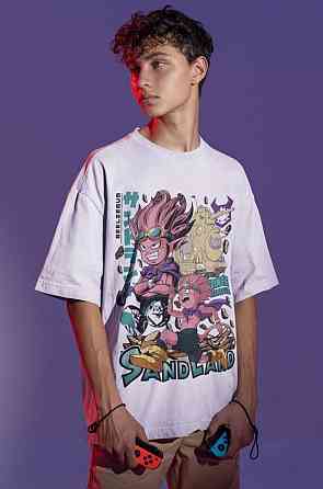 Футболка з аніме принтом Беелзебуб Санланд Хеллтакер Стіккерс оверсайз (S/M/L) Чорний AnimeJ1113 Дніпро