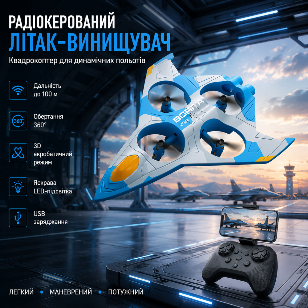 Самолет истребитель Квадрокоптер 4DRC 4D-V56 самолет на радиоуправлении, удержание высоты, 120 м, 360°, USB, синий Киев - изображение 11