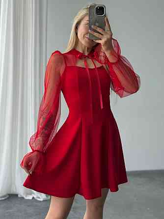 Женское нежное платье с рукавами из сеточки креп дайвинг Красный, 46/48 Одесса