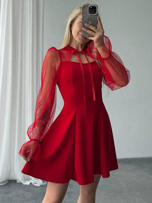 Женское нежное платье с рукавами из сеточки креп дайвинг Красный, 46/48 Одесса - изображение 3