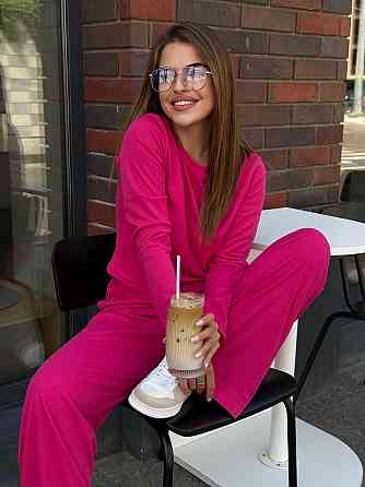 Женский костюм в рубчик с широкими штанами Малиновый M/L Харьков