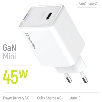 Зарядний пристрій ColorWay GaN Mini 45W PD Port PPS USB-C white (CW-CHS057PD-WT) Вінниця - фото 2