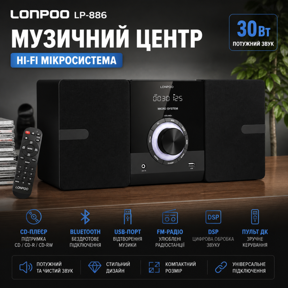 Музыкальный центр Hi-Fi микросистема LONPOO LP-886: CD-плеер, Bluetooth, USB, FM-радио, 30 Вт, DSP, Пульт ДУ, Black Киев - изображение 1
