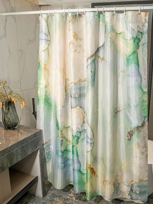 Шторка для ванної та душу 180x180 см водостійка, шторка для ванної кімнати з кільцями і гачками, мармурово-зелений принт Кам'янець-Подільський - фото 3