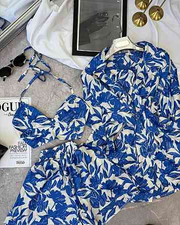 Жіночий легкий принтований костюм трійка: сорочка топ і шорти з шовку Одеса