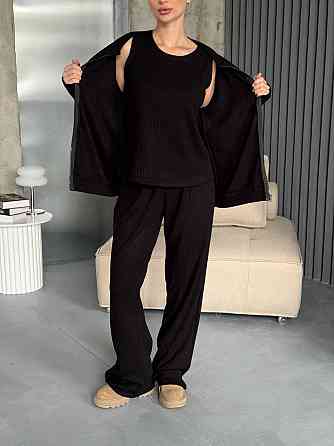 Женский повседневный костюм тройка из трикотажа Черный Одесса