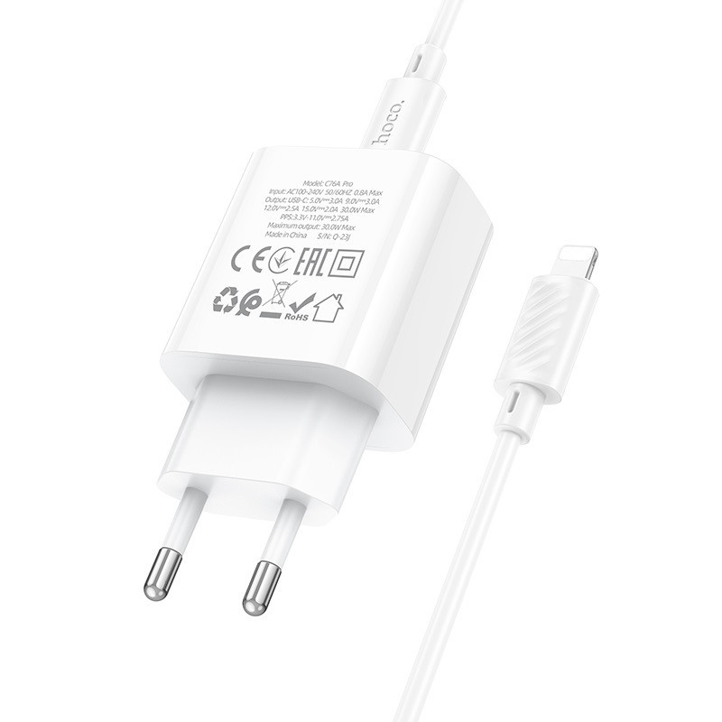 Мережевий зарядний пристрій з кабелем HOCO C76A Pro Majestic single port PD30W charger set (C to iP)(EU) White Одеса - фото 4