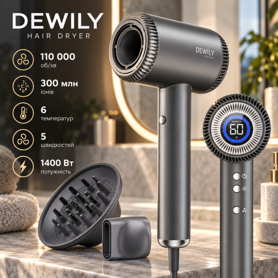 Фен-іонізатор DEWILY 1400 Вт, 110 000 об/хв, 300 млн іонів, 5 швидкостей, 6 температур, дифузор Київ