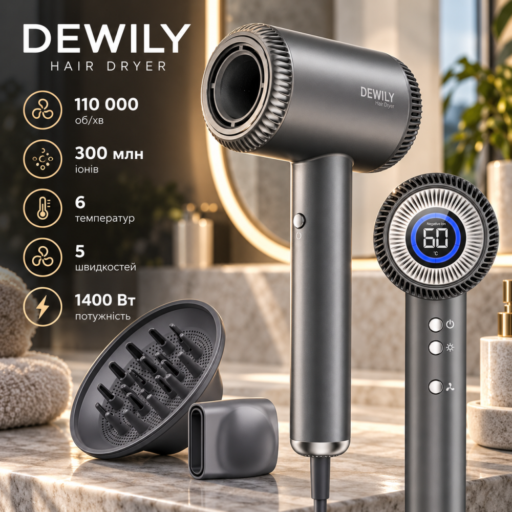 Фен-ионизатор DEWILY 1400 Вт, 110 000 об/мин, 300 млн ионов, 5 скоростей, 6 температур, диффузор Киев - изображение 1