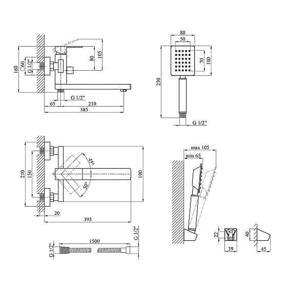 Змішувач для ванни з душовим гарнітуром Kroner KRP Edelstahl Kubus ESG070 сатин Київ