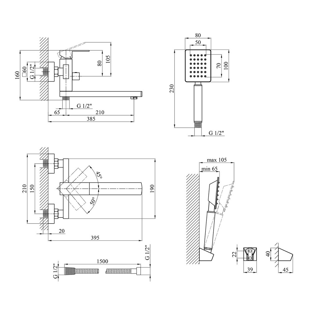 Змішувач для ванни з душовим гарнітуром Kroner KRP Edelstahl Kubus ESG070 сатин Київ - фото 2