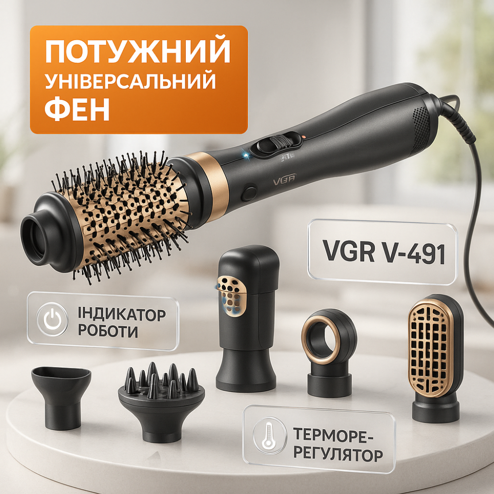 Фени для сушіння волосся VGR, Стайлер-фен-гребінець для волосся, Портативний фен з насадками ZG-98 Львів - фото 15