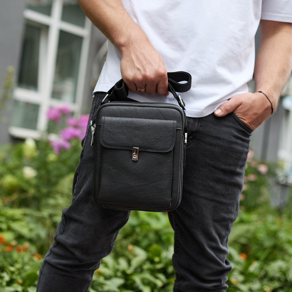 Сумка-барсетка мужская кожаная 24х20х8, компактный мессенджер для ежедневного использования, черная Киев - изображение 9
