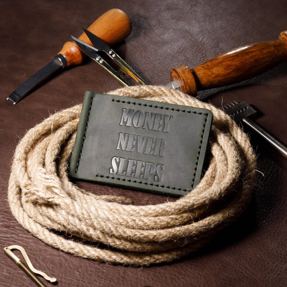 Затиск для грошей чоловічий для купюр з натуральної шкіри, місткий гаманець на кнопці, зеленийMasterSem Київ - фото 1