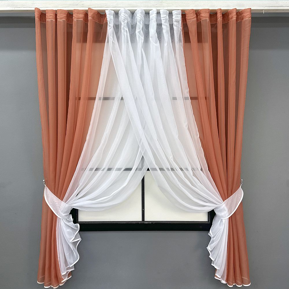 Кухонні шторки VR-Textil № 096к з підв'язками кораловий з білим 400х170 см (52-1193) Київ - фото 1