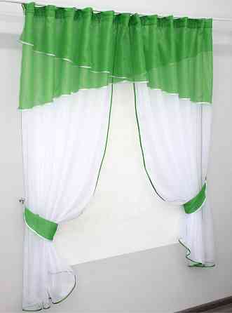 Кухонные шторы VR-Textil № 091к с ламбрекеном и подвязками темно-салатовый с белым 280х170 см (52-0332) Киев
