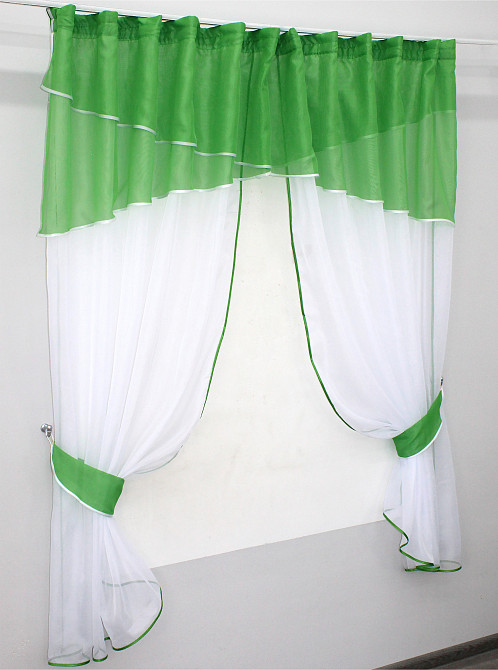 Кухонные шторы VR-Textil № 091к с ламбрекеном и подвязками темно-салатовый с белым 280х170 см (52-0332) Киев - изображение 2