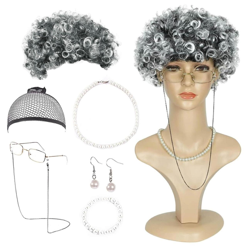 Перука сива бабуся кучерява, термостійка, набір комплект для косплею, свят, Геловіну, корпоратив, вистав Київ - фото 1