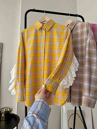 Жіноча стильна оверсайз сорочка у клітинку з акцентними рукавами Одеса