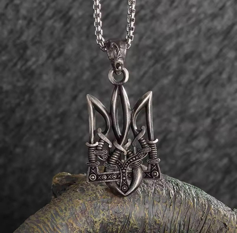 Подвеска Тризуб с мечами на цепочке — патриотический кулон, сталь, 60 см Киев - изображение 2