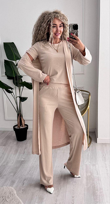 Жіночий базовий прогулянковий костюм-трійка: кардиган футболка та штани трикотажний рубчик Кремовий, 46/48 Одеса - фото 3