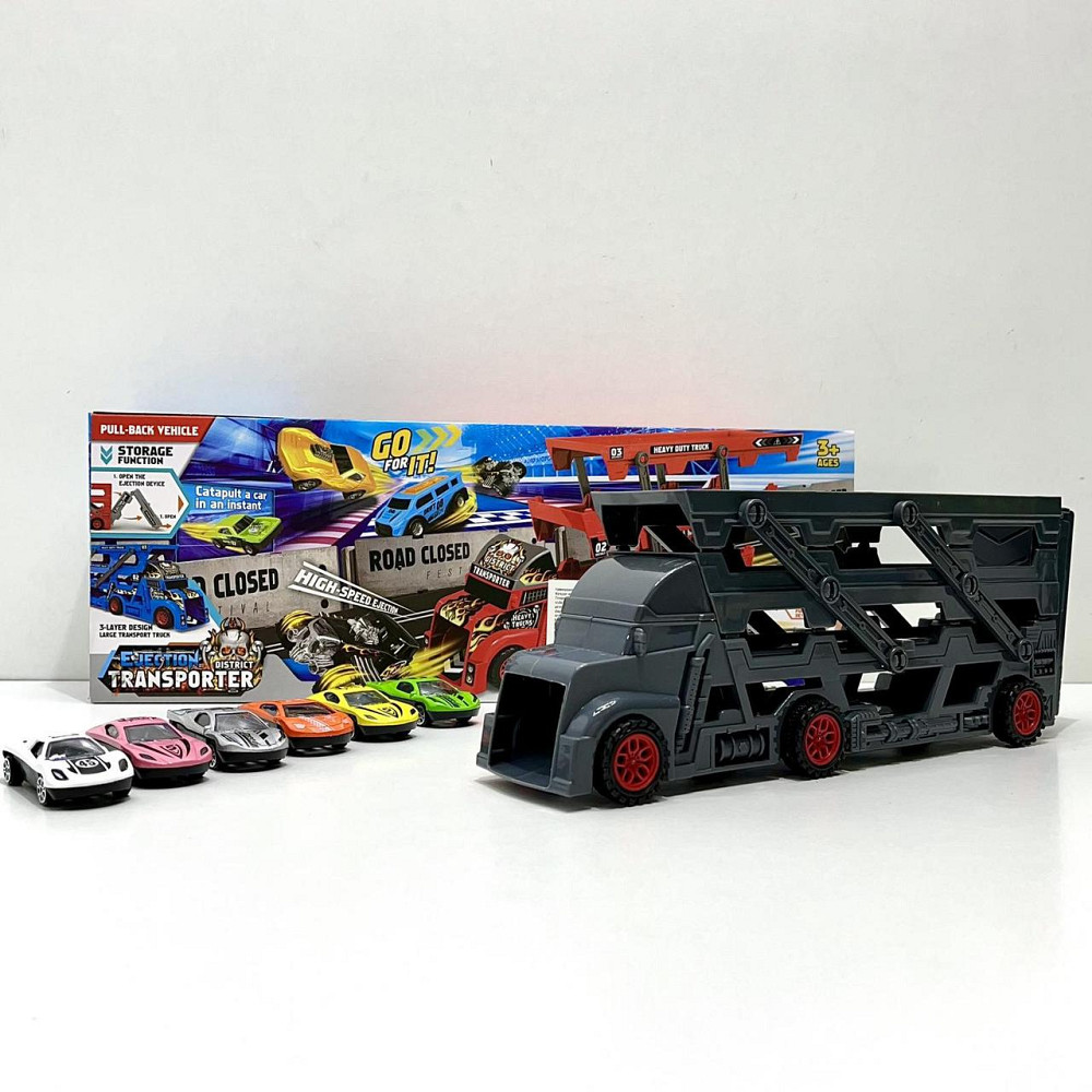 Трейлер-автовоз розкладний з набором машинок 6шт Чорний (K180A10) Чернігів - фото 1