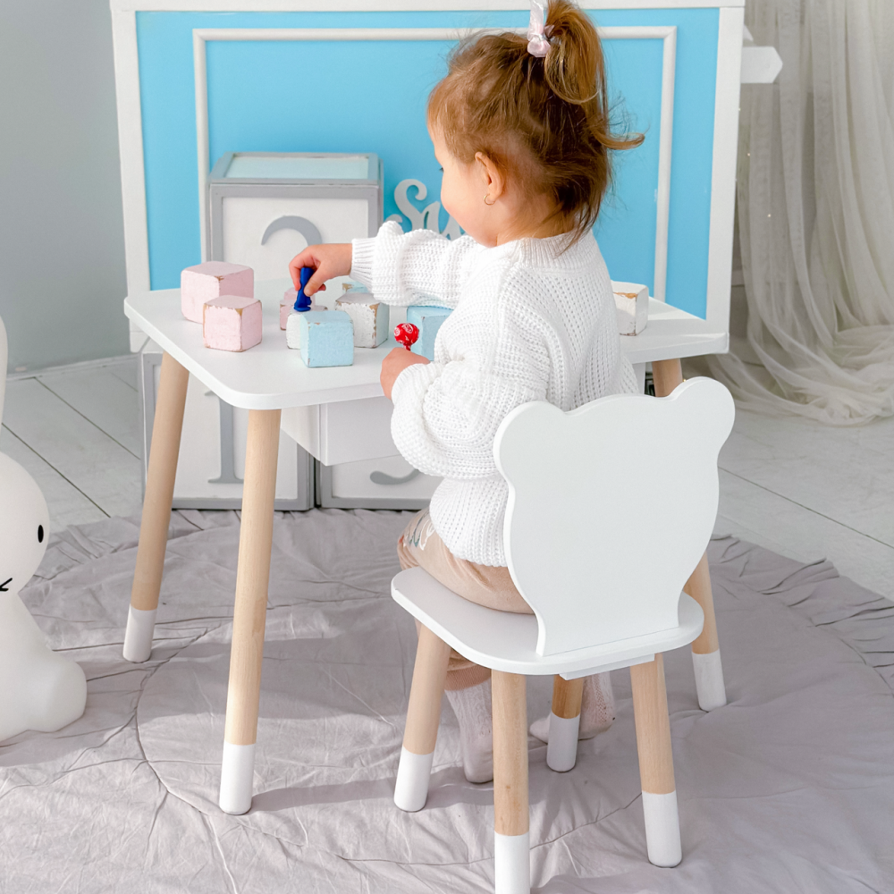 Стіл прямокутний з висувним ящиком 46х60х45 і стілець медвежа 26х26х24, столик та стільчик в дитячу, білий Київ - фото 6