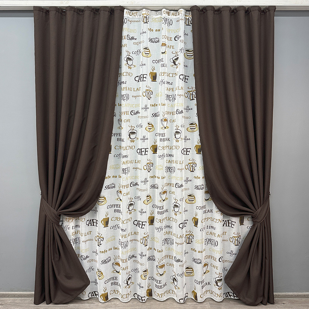 Комплект штор VR-Textil Лен Мешковина 150х270 2шт и Тюль 400х270 291ш-1791т Венге с белым 71-065/3 Киев - изображение 1