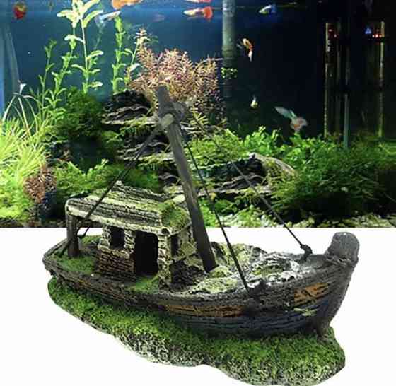 Декор для акваріума "Затонувший кораблик" - розмір 12,5*10*6 см, смола, акваріумний декор Київ