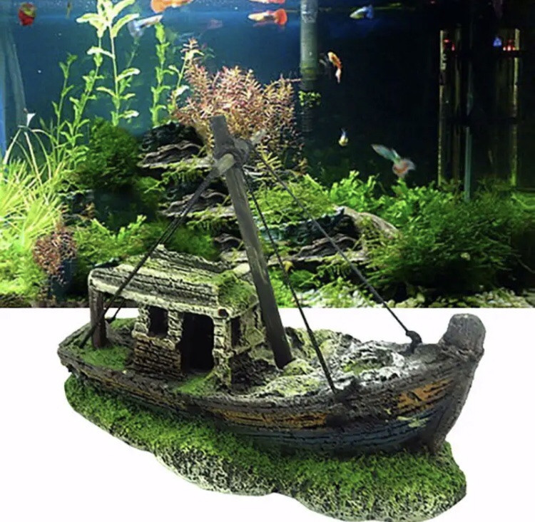 Декор для акваріума "Затонувший кораблик" - розмір 12,5*10*6 см, смола, акваріумний декор Київ - фото 1