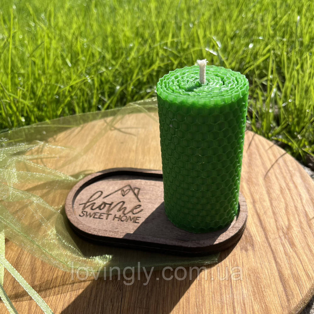 Свеча зеленого цвета на деревянной подставке в подарочном мешочке. Ирпень - изображение 2