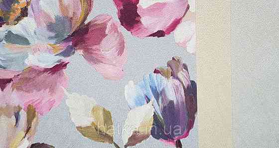 Шпалери вінілові на флізеліні Grandeco Universe 5 квіти півонії великі яскраві бордові сині на сірому Київ