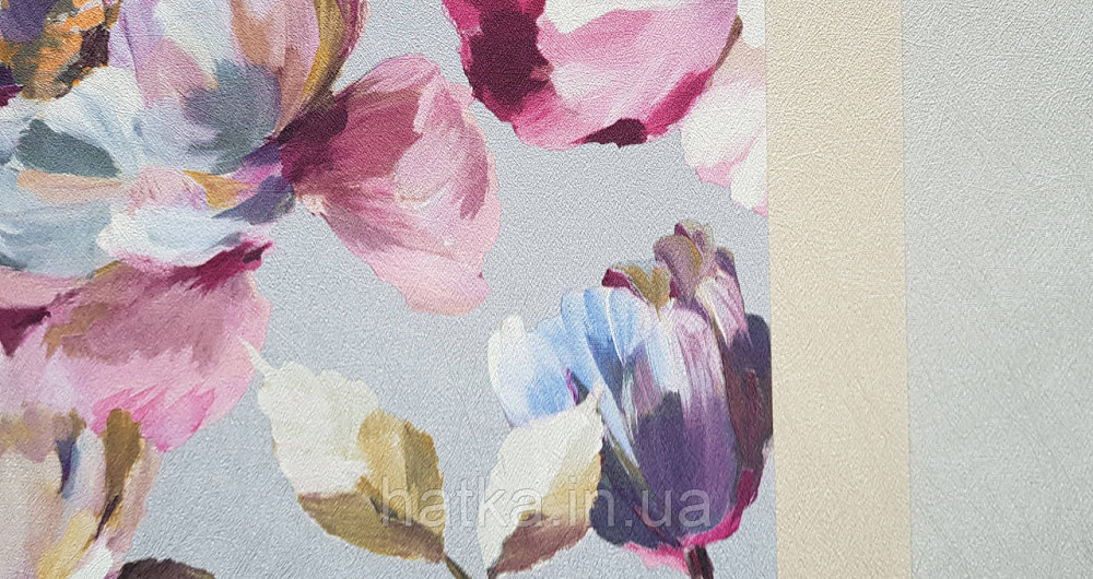Шпалери вінілові на флізеліні Grandeco Universe 5 квіти півонії великі яскраві бордові сині на сірому Київ - фото 4