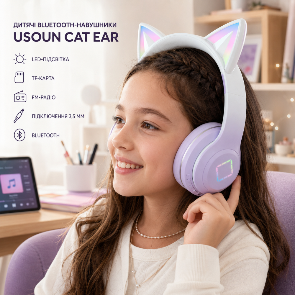 Детские Bluetooth-наушники с кошачьими ушками и светодиодной подсветкой, беспроводные наушники для девочек, поддержка TF-карты Киев - изображение 9