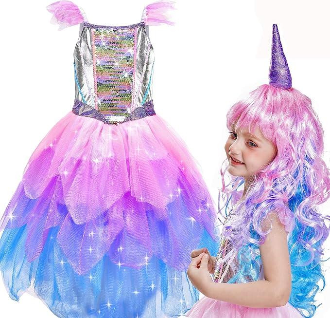 Костюм Єдинорога, карнавальна сукня для дівчаток з кольоровою перукою і фатином для свят, вечірок, вистав, гелловіна Київ - фото 1