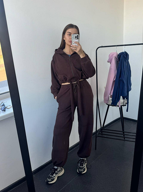 Женский теплый прогулочный костюм двойка: худи и брюки двусторонний полар флис Шоколадный, 44/48 Одесса - изображение 1