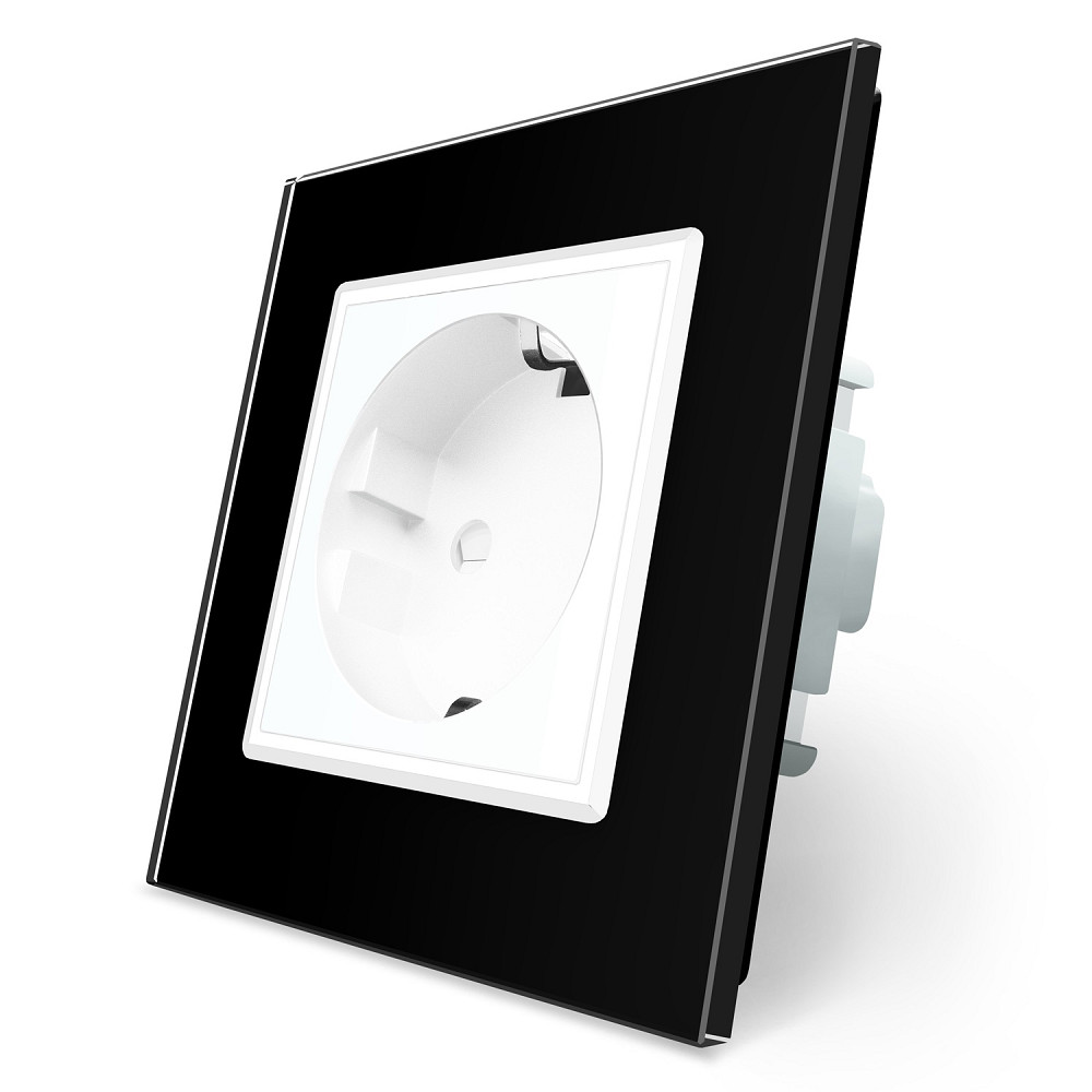 LIVOLO Електрична розетка з заземленням LIVOLO, біла з чорною рамкою, шторки, скло, 250В 16А (V Коломия - фото 1