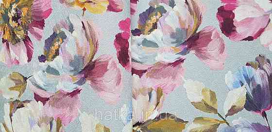 Шпалери вінілові на флізеліні Grandeco Universe 5 квіти півонії великі яскраві бордові сині на сірому Київ