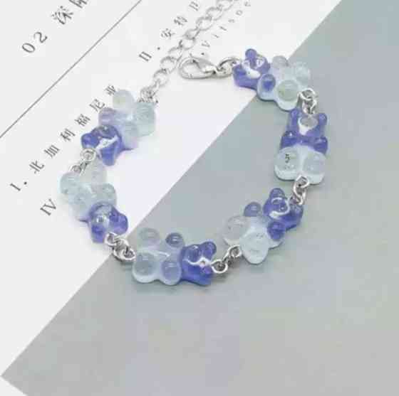 Браслет с желейными мишками синий + голубой - длина 15-20см, регулируется, смола, цинковый сплав Киев