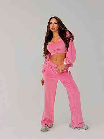 Жіночий стильний повсякденний велюровий костюм-трійка Рожевий, 46/48 Одеса